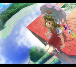  ascot blonde_hair blue_sky blush cloud cloudy_sky commentary_request day female flandre_scarlet hat highres lake letterboxed misty_lake newspaper on_roof outdoors parasol red_eyes rooftop short_hair side_ponytail sitting sitting_on_roof skirt skirt_set sky smile solo touhou tree umbrella wings wrwr 