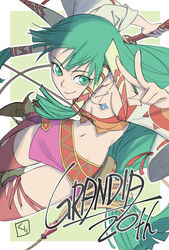  anniversary breasts cleavage closed_mouth commentary_request copyright_name detached_sleeves feena_(grandia) female grandia grandia_i green_eyes green_hair hair_tubes highres jewelry kurita_shin&#039;ichi large_breasts long_hair looking_at_viewer midriff miniskirt navel necklace purple_skirt red_thighhighs skirt smile solo thighhighs v whip zettai_ryouiki 