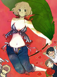  3boys axis_powers_hetalia babydoll bare_shoulders belgium_(hetalia) bikini bikini_bottom_only bikini_under_clothes blonde_hair breasts cleavage commentary_request denim female green_hair jeans leaf_umbrella medium_breasts multiple_boys netherlands_(hetalia) pants southern_italy_(hetalia) spain_(hetalia) striped_bikini striped_clothes swimsuit yusarazu 