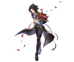  1boy black_hair blue_eyes bouquet flower full_body granblue_fantasy holding holding_bouquet lancelot_(granblue_fantasy) long_hair male_focus minaba_hideo official_art parted_lips petals rose rose_petals smile solo the_dragon_knights transparent_background 