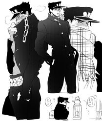  adjusting_collar blush chains closed_jacket gakuran greyscale hands_in_pockets hat heater high_collar jojo_no_kimyou_na_bouken kujo_jotaro male_focus monochrome nitako plaid plaid_scarf scarf school_uniform stardust_crusaders 