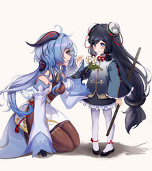  2girls aged_down ahoge arm_up bare_shoulders bell black_gloves blue_eyes blue_hair blush bodice bodystocking breasts brown_legwear chinese_clothes chinese_knot cowbell dark_blue_hair double_bun english_commentary flats flower flustered frilled_sleeves frills full_body ganyu_(genshin_impact) genshin_impact giving gloves goat_horns hair_bun highres holding holding_flower holding_stick holding_weapon horns kneeling large_breasts long_hair low-tied_long_hair mihan77108047 multiple_girls neck_bell pantyhose qingxin_flower red_horns red_rope rope seiza shenhe_(genshin_impact) shenhe_(young)_(genshin_impact) sidelocks simple_background sitting smile standing stick thighband_pantyhose very_long_hair weapon white_background white_pantyhose wide_sleeves 