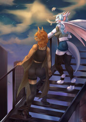  anthro ass avian bat big_breasts big_butt bird blue_hair boots bottomwear breasts caitlyn_bellerose clothing crop_top cutoffs denim denim_bottomwear denim_clothing dragon duo female footwear hair hi_res horn lavender_(disambiguation) leggings legwear mammal murfa mythological_creature mythological_scalie mythology scalie shirt shorts sky stairs star starry_sky tail tall topwear wings 