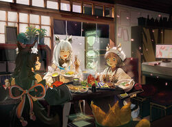  3girls aburaage ahoge animal_ear_fluff animal_ears artist_request bamboo_shoot black_hair braid commentary eating food fox_ears fox_girl fox_tail hair_between_eyes hair_ornament holoearth_chronicles hololive hololive_alternative kitsune_udon long_hair looking_at_viewer mizore_(hololive_alternative) multicolored_hair multiple_girls official_art ookami_mio ookami_mio_(1st_costume) open_mouth oruyanke_(shirakami_fubuki) photoshop_(medium) red_hair sakura_miko shirakami_fubuki shirakami_fubuki_(1st_costume) smile streaked_hair tail virtual_youtuber white_hair wolf_ears wolf_girl wolf_tail 