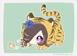  animal_costume animal_print ball blue_flower blue_rose border brown_hair chibi female flower full_body grey_border hair_flower hair_ornament hair_over_one_eye mopiwo motion_lines purple_eyes rice_shower_(umamusume) rose solo tiger_costume tiger_print twitter_username umamusume 