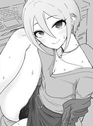  bare_legs breasts cleavage collarbone computer female greyscale hair_between_eyes idolmaster idolmaster_cinderella_girls jacket jacket_partially_removed jewelry lace-trimmed_panties lace_trim laptop leg_up looking_at_viewer monochrome necklace nishino_hikoji on_chair panties pantyshot shiomi_syuko short_hair sitting smile solo sweatdrop underwear upskirt 