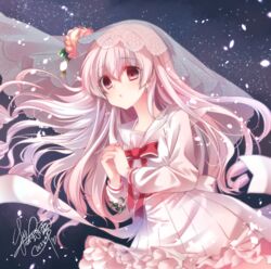  arcaea bow commentary female flower frilled_skirt frills hair_between_eyes hands_up hikari_(arcaea) hikari_(zero)_(arcaea) long_hair own_hands_clasped own_hands_together parted_lips pink_flower pink_hair pleated_skirt purple_eyes red_bow sailor_collar sakurano_ru school_uniform see-through serafuku shirt signature skirt solo veil very_long_hair white_sailor_collar white_serafuku white_shirt white_skirt 