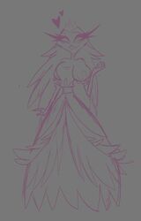  anthro avian bird clothing colored_line_art crown dress eyelashes female grey_background hair headgear helluva_boss hi_res long_eyelashes long_hair monochrome owl owl_demon pink_line_art simple_background smile solo standing stella_(helluva_boss) teathekook white_eyes 