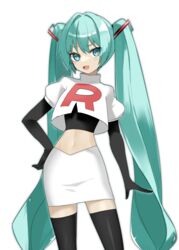  absurdres black_footwear black_gloves boots commentary cosplay crop_top cropped_jacket elbow_gloves eyelashes female gloves green_hair hair_ornament hand_on_own_hip hatsune_miku highres jacket jessie_(pokemon) jessie_(pokemon)_(cosplay) long_hair navel open_mouth pokemon pokemon_(anime) reirou_(chokoonnpu) skirt smile solo symbol-only_commentary team_rocket team_rocket_uniform thigh_boots thighhighs tongue twintails very_long_hair vocaloid white_background white_jacket white_skirt 