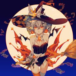  alternate_costume alternate_eye_color bad_anatomy bronya_zaychik bronya_zaychik_(snowy_sniper) broom broom_riding closed_mouth drill_hair female grey_hair halloween halloween_costume hat highres honkai_(series) honkai_impact_3rd leggings looking_at_viewer moon night night_sky orange_eyes simple_background sky solo twin_drills usurai_rairai witch witch_hat 