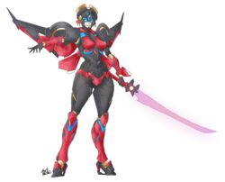  absurdres axelnekokitty blue_eyes breasts curvy female flame_toys high_heels highres mecha pointy_breasts robot simple_background solo sword thick_thighs thighs transformers weapon white_background windblade wings 