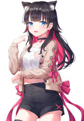  animal_ear_fluff animal_ears bad_id bad_twitter_id black_choker black_hair black_shorts blue_eyes breasts brown_jacket cat_ears choker colored_inner_hair cowboy_shot crop_top ear_piercing extra_ears female frown hand_up high-waist_shorts highres jacket kemonomimi_mode korean_commentary long_hair long_sleeves looking_at_viewer medium_breasts midriff multicolored_hair open_clothes open_jacket open_mouth original piercing shirt short_shorts shorts simple_background solo soyubee thighhighs two-tone_hair white_background white_shirt 