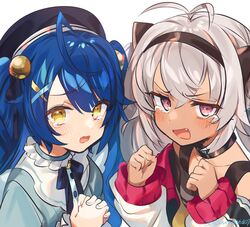  2girls absurdres ahoge amamiya_kokoro animal_ears antenna_hair bell beret black_collar black_hairband blue_hair blush cat_ears clenched_hands collar commentary fake_animal_ears frilled_collar frills grey_hair hair_bell hair_ornament hairband hat highres jingle_bell long_hair looking_at_viewer matsukai_mao matsukai_mao_(1st_costume) multiple_girls neck_ribbon nijisanji ninahachi oerba_yun_fang off-shoulder_shirt off_shoulder open_mouth own_hands_together pink_eyes ribbon shirt simple_background symbol-only_commentary tearing_up twintails twitter_username upper_body virtual_youtuber wavy_mouth x_hair_ornament yellow_eyes 