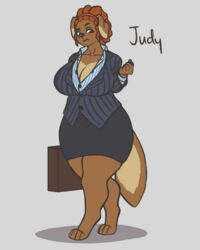  anthro big_breasts bottomwear breasts briefcase brown_body brown_fur brown_hair business_suit businesswear canid canine canis cleavage clothed clothing cosmic_klutz domestic_dog female floppy_ears fully_clothed fur hair hi_res huge_breasts judy_(cosmic_klutz) mammal mature_female office_lady simple_background skirt solo suit thick_thighs wide_hips 