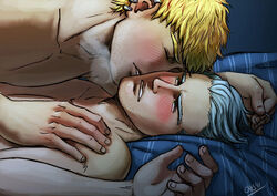  2boys bara blonde_hair blush breath closed_eyes collarbone couple cris_art half-closed_eyes hand_on_another&#039;s_shoulder hulkling kissing kissing_cheek lying male_focus marvel md5_mismatch multiple_boys nude on_back on_bed pectorals playing_with_another&#039;s_hair short_hair sparse_stubble thick_eyebrows tommy_shepherd toned toned_male torogao upper_body white_hair yaoi 