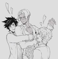  3boys black_sclera blush bouquet closed_eyes collared_shirt colored_sclera commentary_request contemporary curly_hair curtained_hair dark-skinned_male dark_skin flower greyscale hades_(series) hades_1 heart hug hug_from_behind hypnos_(hades) male_focus monochrome multiple_boys open_clothes open_mouth open_shirt parted_bangs rose shirt smile spiked_hair thanatos_(hades) winter_(winter168883) zagreus_(hades) 