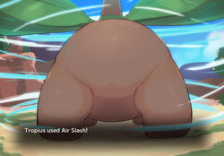  2023 alternate_version_at_source ambiguous_gender ass brown_body butt_focus day detailed_background digital_media_(artwork) english_text faceless_ambiguous faceless_character faceless_feral featureless_crotch feral gameplay_mechanics generation_3_pokemon hi_res macro monobutt nintendo outside pokemon pokemon_(species) rear_view solo standing sukiya text tropius 