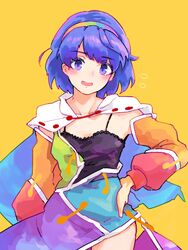  black_camisole blue_eyes blue_hair blush breasts camisole cape collarbone commentary_request female hairband highres long_sleeves multicolored_clothes multicolored_hairband open_mouth patchwork_clothes rainbow_gradient short_hair simple_background sky_print small_breasts spaghetti_strap tenkyuu_chimata touhou unzipped wasabisuke yellow_background zipper 