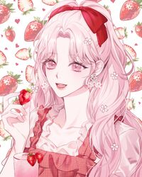  apron bow bow_earrings collarbone drink earrings female food fruit hairband highres holding holding_food holding_fruit jewelry looking_at_viewer open_mouth original parted_bangs pink_eyes pink_hair pink_theme red_hairband smile solo strawberry strawberry_background teeth yoriwang8990 