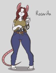  anthro belt bottomwear breasts brown_hair clothed clothing clothing_lift cosmic_klutz denim denim_bottomwear denim_clothing female frown fur gesture gun gun_in_waistband hair hand_gesture handgun hi_res jeans mammal middle_finger murid murine pants pistol ranged_weapon rat red_eyes resting_bitch_face rodent shirt shirt_lift simple_background solo standing tattoo topwear weapon white_body white_fur 