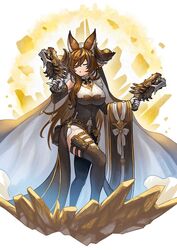  animal_ears breasts brown_hair closed_eyes detached_sleeves dual_wielding extra_ears female galleon&#039;s_jaw galleon_(granblue_fantasy) gloves granblue_fantasy gun highres holding horns large_breasts long_hair multicolored_hair pinky_out pointy_ears rock sidelocks smile solo streaked_hair very_long_hair weapon white_gloves yuiko_(yuiyuiko_108) 