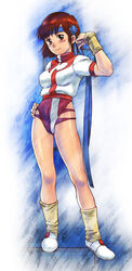  1980s_(style) absurdres arm_up blue_headband blush breasts brown_eyes brown_hair commentary_request female full_body hachimaki hand_on_own_hip headband highres leotard looking_at_viewer maruyama_musashi medium_breasts purple_leotard retro_artstyle shirt short_hair smile solo standing takaya_noriko top_wo_nerae! variant_set white_shirt wristband yellow_wristband 