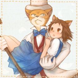  1:1 2013 anthro baron_humbert_von_gikkingen brown_hair clothing domestic_cat dress duo felid feline felis female ghibli hair haru_yoshioka hat headgear headwear holding_character low_res machiko male mammal open_mouth the_cat_returns top_hat whiskers 