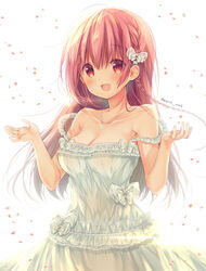  :d bare_arms bare_shoulders blush bow braid breasts cleavage collarbone commentary dress female flower flower_necklace frilled_dress frills gathers hair_between_eyes hair_flower hair_ornament hairbow hands_up highres jewelry long_hair march-bunny medium_breasts necklace open_mouth original pendant petals red_eyes red_hair simple_background sleeveless sleeveless_dress smile solo strap_slip symbol-only_commentary twitter_username very_long_hair white_background white_bow white_dress white_flower 