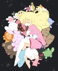  bare_legs barefoot black_background blonde_hair character_doll charlotte_(madoka_magica) closed_eyes closed_mouth commentary_request doll female furrowed_brow hair_down knees_together_feet_apart mahou_shoujo_madoka_magica mahou_shoujo_madoka_magica_(anime) messy_hair nightgown no_nose pajamas pink_nightgown pink_pajamas pink_shorts pokki_(sue_eus) sad short_shorts short_sleeves shorts simple_background solo sparkle sparkle_background stuffed_animal stuffed_cat stuffed_cow stuffed_dog stuffed_dolphin stuffed_hamster stuffed_lion stuffed_rabbit stuffed_sheep stuffed_toy stuffed_turtle stuffed_unicorn tears teddy_bear tomoe_mami too_many 