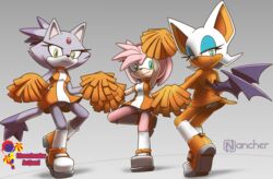  absurd_res amy_rose anthro backless_clothing backless_dress bat blaze_the_cat cheerleader clothed clothing domestic_cat dress english_text eulipotyphlan felid feline felis female forehead_gem gem gradient_background group hedgehog hi_res looking_at_viewer low-angle_view mammal nancher panties panty_peek panty_shot pom_poms rouge_the_bat sega simple_background sonic_the_hedgehog_(series) text trio underwear upskirt white_clothing white_panties white_underwear wings 