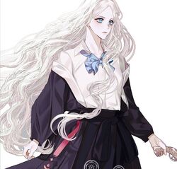  bad_id bad_twitter_id blue_bow blue_eyes bow coat collared_shirt cowboy_shot female grey_hair holding korean_commentary long_hair original parted_bangs pleated_skirt shirt skirt solo unworn_coat very_long_hair wavy_hair white_background white_hair white_shirt yoriwang8990 