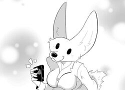  aggretsuko anthro black_nose breasts canid canine clothed clothing female fennec_fox fenneko fox fur fur_tuft holding_object mammal monochrome sanrio smile sollarian solo true_fox tuft 