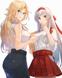  2girls belt black_belt black_skirt blonde_hair blue_eyes brown_eyes closed_mouth cowboy_shot hakama hakama_short_skirt hakama_skirt headband hornet_(kancolle) japanese_clothes kantai_collection kasumi_(skchkko) long_hair multiple_girls open_mouth pencil_skirt red_hakama red_headband shirt shoukaku_(kancolle) shoukaku_kai_ni_(kancolle) skirt sleeveless sleeveless_shirt smile tasuki white_hair white_shirt 