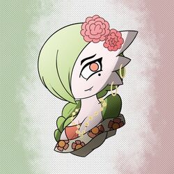  1:1 2022 accessory beads bow_ribbon braided_hair braided_ponytail breasts brown_eyes bust_portrait cleavage clothed clothing ear_piercing ear_ring female flower flower_in_hair gardevoir generation_3_pokemon gradient_background green_hair hair hair_accessory hair_over_eye hair_ribbon hairbow humanoid looking_at_viewer malegardevoir markings mexican mole_(marking) nintendo not_furry one_eye_obstructed piercing plant pokemon pokemon_(species) ponytail portrait prayer_beads redraw ribbons ring_piercing rosary shaded simple_background smile soledad_(atomic417) solo tricolor 