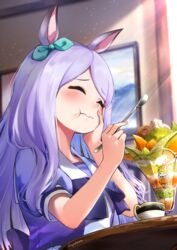  :t ^_^ absurdres animal_ears bad_id bad_pixiv_id blue_ribbon blush bow bowtie closed_eyes closed_mouth commentary cup day eating female food food_on_face fruit gold_ship_(umamusume) hair_ribbon hamanashi_(trapiorra) hand_on_own_cheek hand_on_own_face highres horse_ears ice_cream_spoon indoors long_hair mejiro_mcqueen_(umamusume) melon paku_paku_desuwa parfait puffy_short_sleeves puffy_sleeves purple_hair purple_shirt ribbon sailor_collar sailor_shirt school_uniform shirt short_sleeves signature solo spoon summer_uniform sunlight swept_bangs table teacup tracen_school_uniform umamusume upper_body very_long_hair wavy_mouth 