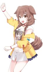  animal_collar animal_ears birthday bone_hair_ornament bracelet braid brown_eyes brown_hair cartoon_bone collar dog_ears dog_girl dog_tail fangs female hair_between_eyes hair_ornament hairclip happy_birthday highres hololive inugami_korone inugami_korone_(1st_costume) jacket jewelry long_hair low_twin_braids off_shoulder red_collar side_braids tail tonogai_yoshiki twin_braids virtual_youtuber wristband yellow_jacket 