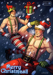  2boys adjusting_clothes adjusting_headwear bara belt black_hair blonde_hair blush box chest_hair christmas couple cris_art full_body gift gift_box gloves green_gloves hairy hat holding holding_gift hulkling jester jester_cap large_belt long_sideburns looking_at_another male_focus marvel md5_mismatch merry_christmas multiple_boys muscular muscular_male navel_hair pants pectorals red_pants santa_costume santa_hat short_hair sideburns smile snowing suspenders thick_eyebrows toned toned_male topless_male wiccan yaoi 