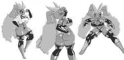  2022 aeolus06 anthro ass blush breasts closed_eyes elvyra_(mazen234) female fighting_pose generation_4_pokemon greyscale lopunny monochrome nintendo pokemon pokemon_(species) pose solo thick_thighs wrestler 