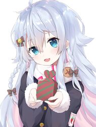  :d ahoge bell black_jacket blue_eyes blush bow braid christmas commentary english_commentary female fur-trimmed_sleeves fur_trim gift grey_hair hair_bell hair_between_eyes hair_ornament hairbow harrybeace head_tilt holding holding_gift indie_virtual_youtuber jacket jingle_bell kagura_nana long_sleeves looking_at_viewer merry_christmas multicolored_hair oerba_yun_fang open_mouth pink_hair scarf simple_background sleeves_past_wrists smile solo striped striped_bow twin_braids two-tone_hair upper_body virtual_youtuber white_background white_scarf 