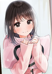  black_hair brown_eyes closed_mouth commentary_request curtains female hands_up highres holding holding_pillow kentaurosu long_hair long_sleeves looking_at_viewer original pillow pink_shirt shirt sleeves_past_wrists smile solo star_(symbol) upper_body 