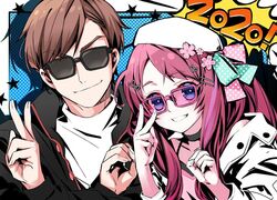  1boy 2020 ahoge blue_eyes brown_hair commentary_request da_huang female flower hair_flower hair_ornament hairclip hat minamoto_sakura pink-tinted_eyewear red_hair smile star_(symbol) sunglasses tatsumi_koutarou tinted_eyewear v zombie_land_saga 