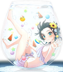  absurdres air_bubble aqua_eyes banana_de_ikopon barefoot bikini bikini_skirt black_hair bubble closed_mouth commentary_request doily feet female flower food forehead frilled_bikini frills fruit full_body grey_bikini grey_skirt hair_flower hair_ornament hand_on_glass hand_up highleg highleg_bikini highres hololive in_container knee_up leg_up legs lying miniskirt nail_polish navel on_back oozora_subaru orange_bikini orange_nails rubber_duck short_hair sidelocks skirt smile solo star_(symbol) stopwatch stopwatch_around_neck submerged swimsuit toenail_polish toenails toes twitter_username virtual_youtuber water watermelon watermelon_slice waving 