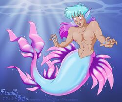  animal_humanoid blush ear_fins femboy fin frankly-art hair humanoid implied_transformation iridescent iridescent_fin iridescent_hair iridescent_tail male marine marine_humanoid membrane_(anatomy) merfolk navel nipples pecs smile solo sparkles split_form under_sea water webbed_hands 