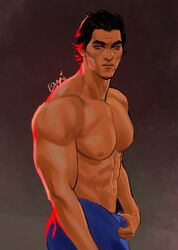  1boy abs bara bodysuit dark-skinned_male dark_skin esaart glowing glowing_eyes highres large_pectorals male_focus marvel mature_male miguel_o&#039;hara muscular muscular_male pectorals red_eyes signature solo spider-man:_across_the_spider-verse spider-man_(series) spider-verse topless_male 