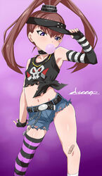  amano_nene_(digimon_xros_wars) arm_up armpits artist_name asymmetrical_gloves bandaid bandaid_on_knee bandaid_on_leg bare_shoulders belt belt_buckle black_belt black_gloves black_hat black_tank_top blowing_bubbles blue_shorts blush breasts brown_hair buckle chains chewing_gum chicago-x commentary_request crop_top denim denim_shorts digimon digimon_xros_wars elbow_gloves female fingerless_gloves gloves hair_between_eyes hand_on_headwear hat high_ponytail highres long_hair looking_at_viewer midriff navel official_alternate_costume purple_eyes short_shorts shorts signature single_elbow_glove single_thighhigh small_breasts solo split_ponytail striped_clothes striped_thighhighs tank_top thighhighs torn_clothes torn_shorts uneven_gloves visor_cap 