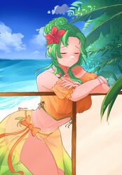  beach bikini blue_sky blush bow braid closed_eyes day elincia_ridell_crimea elincia_ridell_crimea_(summer) female fire_emblem fire_emblem:_radiant_dawn fire_emblem_heroes flower green_hair hibiscus highres long_hair navel ocean official_alternate_costume orange_bikini outdoors palm_tree red_flower sand sarong serafineart1001 side-tie_bikini_bottom sky solo swimsuit tree twitter_username water 