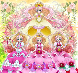  4girls :d blonde_hair bow brooch cokata cure_flora cure_flora_(grand_princess) cure_flora_(mode_elegant) cure_flora_(mode_elegant_lily) cure_flora_(mode_elegant_rose) dress floral_background flower flower_necklace gloves go!_princess_precure gradient_hair green_eyes hair_ornament haruno_haruka heart_wand jewelry lily_(flower) looking_at_viewer magical_girl multicolored_hair multiple_girls multiple_persona necklace open_mouth pink_bow pink_dress pink_hair precure puffy_sleeves red_flower red_rose rose shiny_clothes smile standing streaked_hair two-tone_hair waist_bow waist_brooch white_bow white_gloves yellow_dress yellow_flower yellow_gloves yellow_rose 