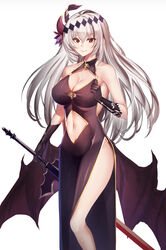  bare_shoulders black_dress black_gloves breasts cleavage clothing_cutout dark_jeanne demon_wings dress eyes_visible_through_hair female flower gloves granblue_fantasy hair_flower hair_ornament highres inui_kentarou jeanne_d&#039;arc_(granblue_fantasy) long_hair navel navel_cutout red_eyes side_slit simple_background smile solo sword weapon white_background white_hair wings 