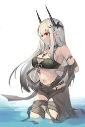  absurdres arknights armlet bare_shoulders bikini black_bikini black_hair black_ribbon blush breasts cleavage closed_mouth collar earrings female gradient_hair grey_eyes hair_ornament highres horns infection_monitor_(arknights) jewelry korean_commentary large_breasts looking_away looking_down material_growth mudrock_(arknights) mudrock_(silent_night)_(arknights) multicolored_hair navel necklace official_alternate_costume oripathy_lesion_(arknights) pointy_ears polyvora red_hair ribbon sarong see-through sidelocks simple_background solo stomach striped swimsuit vertical_stripes wading water white_background 