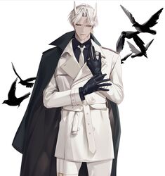  1boy bad_id bad_twitter_id bird black_bird black_gloves black_shirt coat coat_on_shoulders collared_shirt earrings gloves grey_eyes grey_hair highres horns jewelry korean_commentary looking_at_viewer male_focus necktie original parted_bangs shirt short_hair simple_background single_earring solo uniform white_background white_hair white_necktie yoriwang8990 